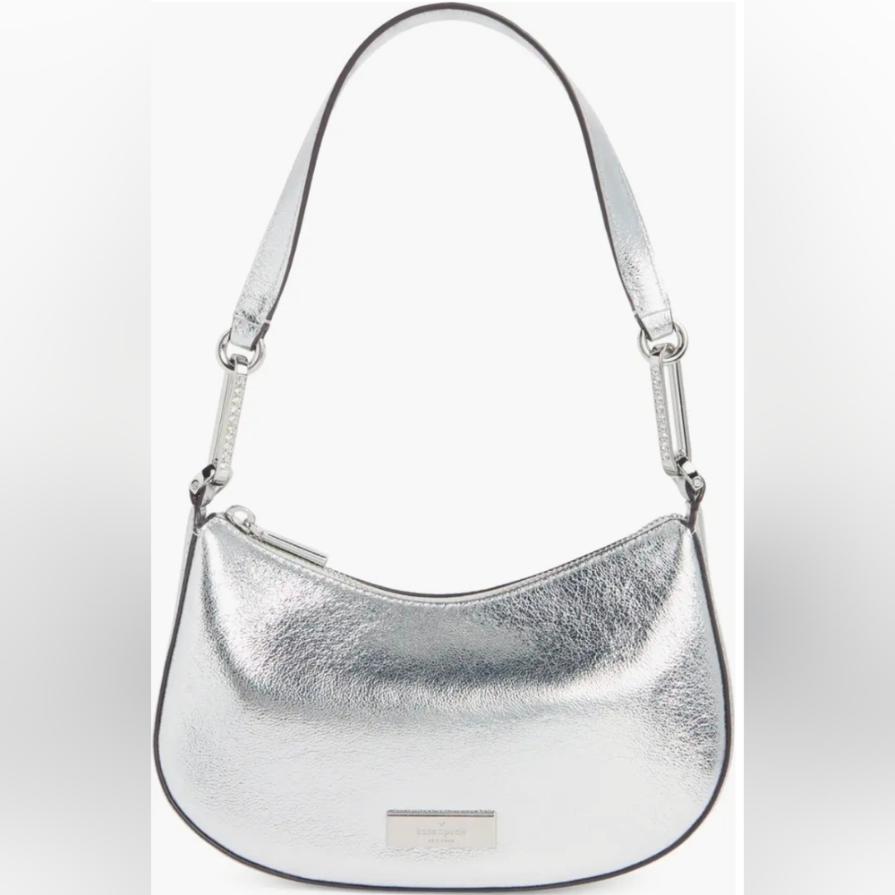 Kate Spade Nina Metallic Silver Leather Crystal Accent Crescent Shoulder Bag